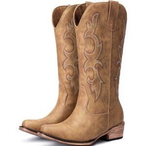 Women 's Camel Embroidered Cowgirl Fashion  Chunky Heel Western Boots Mid Calf